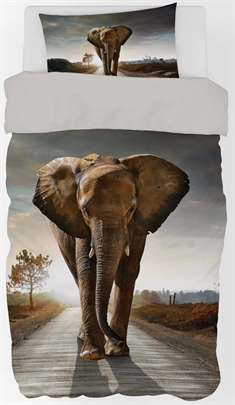 Sengetøj 140x200 cm - Flot dynebetræk med stor elefant - 100% bomulds sengesæt